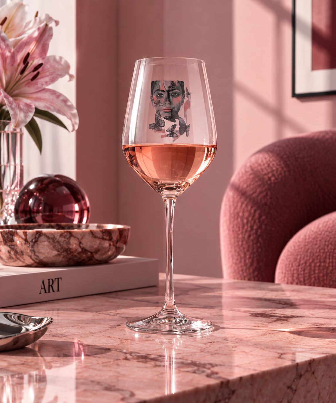 Carolina Gynning Rosé glas i handen med upplagda ben på marmorbord och flaskan på kylning